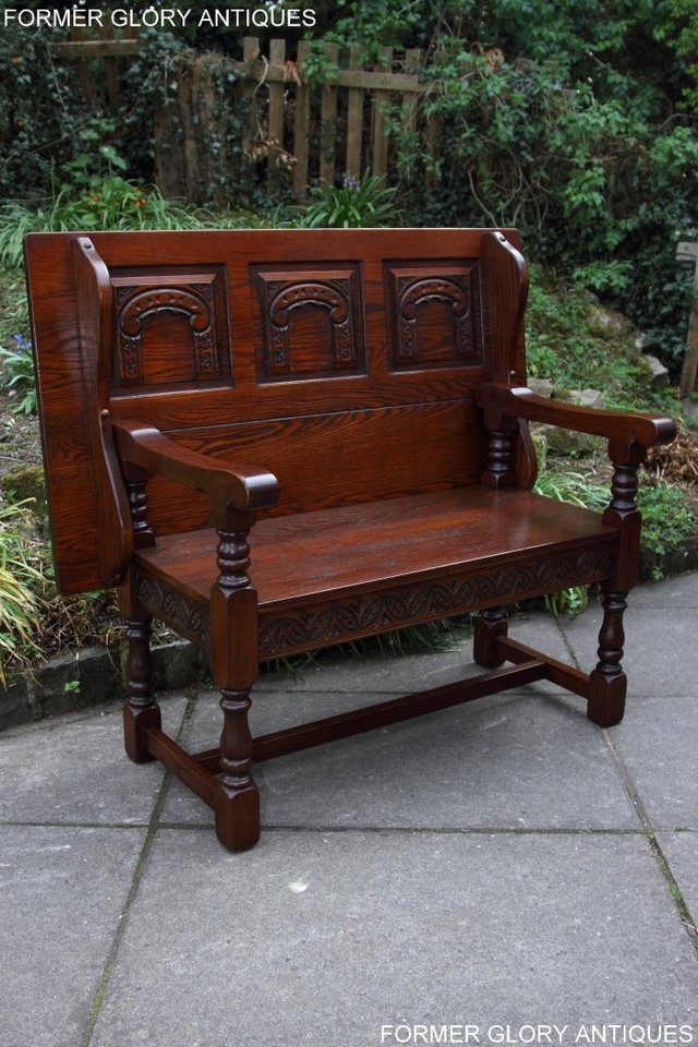 Image 4 of OLD CHARM TUDOR OAK MONKS BENCH SETTLE ARMCHAIR TABLE STAND