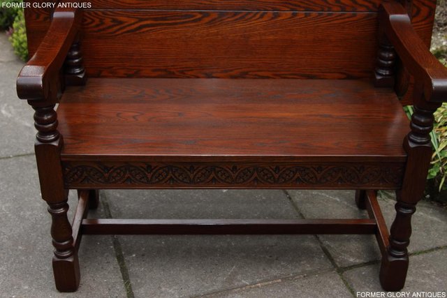 Image 5 of OLD CHARM TUDOR OAK MONKS BENCH SETTLE ARMCHAIR TABLE STAND