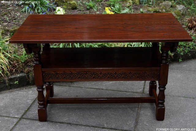 Image 8 of OLD CHARM TUDOR OAK MONKS BENCH SETTLE ARMCHAIR TABLE STAND