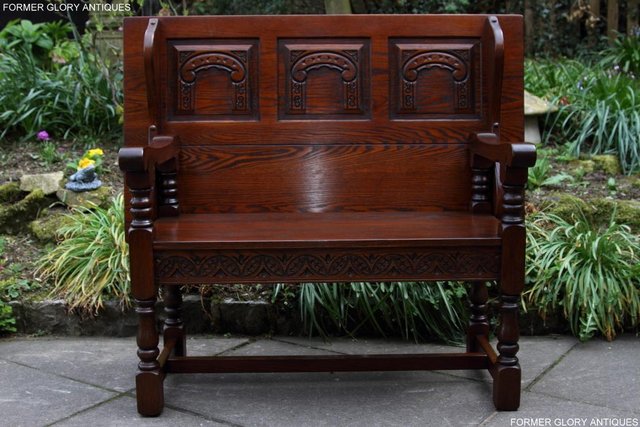 Image 9 of OLD CHARM TUDOR OAK MONKS BENCH SETTLE ARMCHAIR TABLE STAND