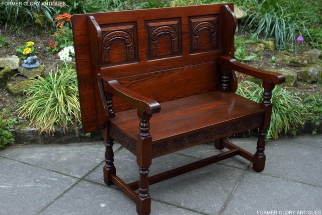 Image 16 of OLD CHARM TUDOR OAK MONKS BENCH SETTLE ARMCHAIR TABLE STAND