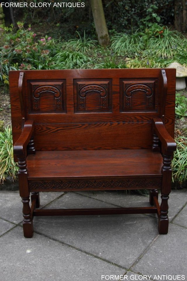 Image 18 of OLD CHARM TUDOR OAK MONKS BENCH SETTLE ARMCHAIR TABLE STAND