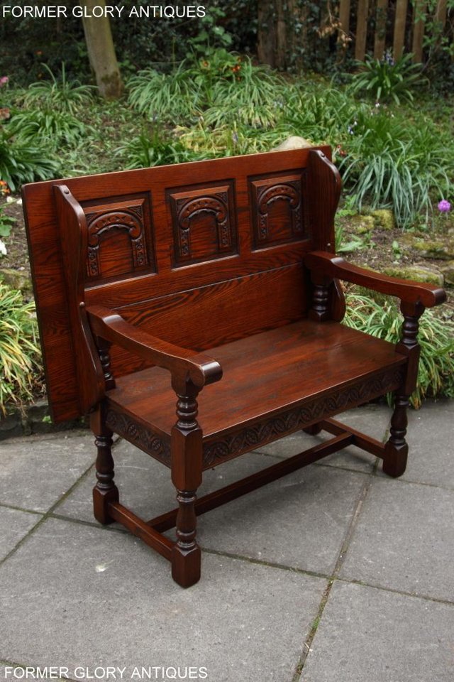Image 20 of OLD CHARM TUDOR OAK MONKS BENCH SETTLE ARMCHAIR TABLE STAND