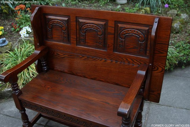 Image 23 of OLD CHARM TUDOR OAK MONKS BENCH SETTLE ARMCHAIR TABLE STAND