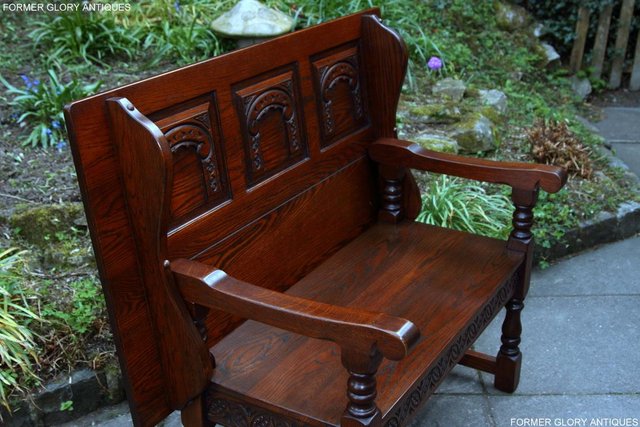 Image 28 of OLD CHARM TUDOR OAK MONKS BENCH SETTLE ARMCHAIR TABLE STAND