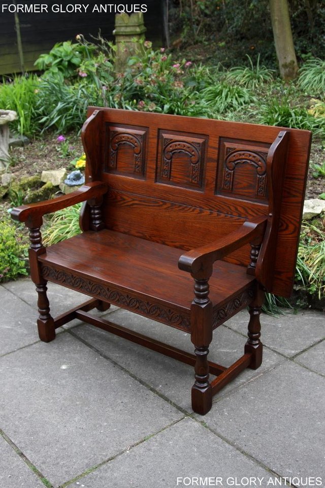 Image 30 of OLD CHARM TUDOR OAK MONKS BENCH SETTLE ARMCHAIR TABLE STAND