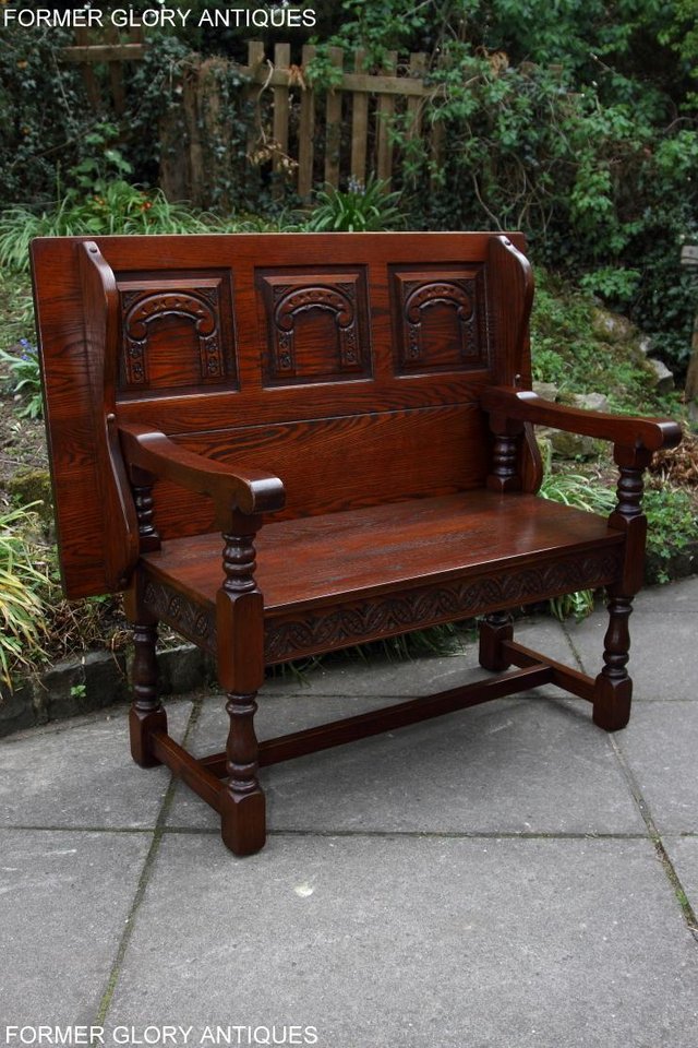 Image 34 of OLD CHARM TUDOR OAK MONKS BENCH SETTLE ARMCHAIR TABLE STAND