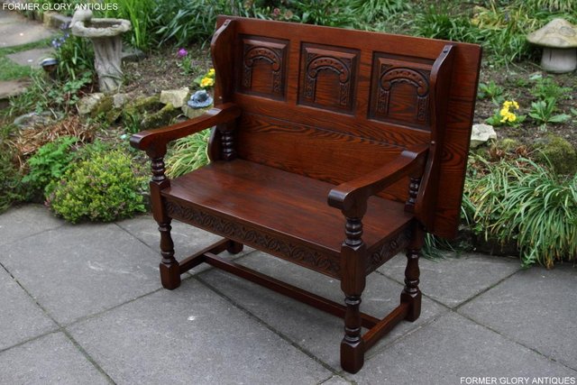 Image 39 of OLD CHARM TUDOR OAK MONKS BENCH SETTLE ARMCHAIR TABLE STAND