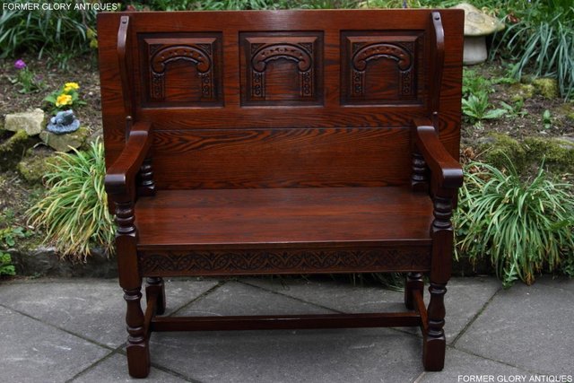 Image 40 of OLD CHARM TUDOR OAK MONKS BENCH SETTLE ARMCHAIR TABLE STAND