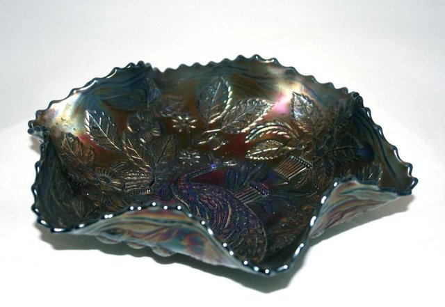 Preview of the first image of Rare Antique Fenton Peacock and Urn Blue Carnival bowl.
