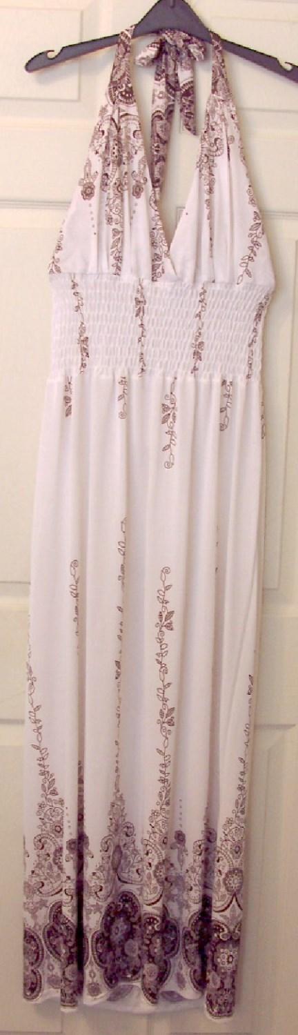 Preview of the first image of BNWT Pretty Ladies White & Brown Flowered Halterneck Dress.