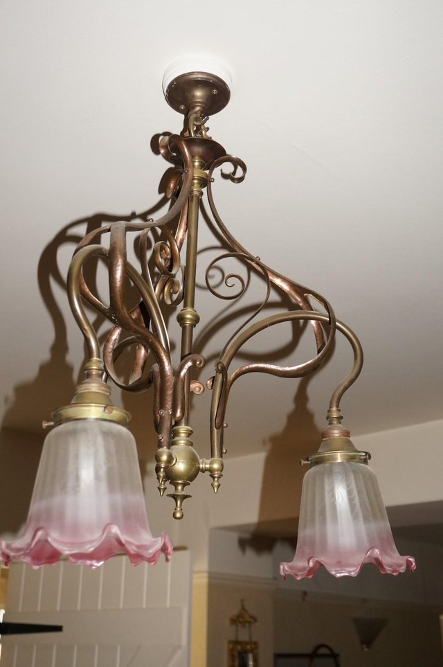 Preview of the first image of Antique Victorian Brass Three Lamp Chanderlier.