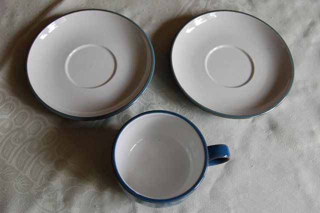 Preview of the first image of M & S Hamilton' Cup & 2 Saucers to 'Near Match' Denby Azure..