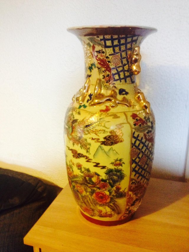 Preview of the first image of Chinese Oriental vase with gilt dogs of fo 18" high.
