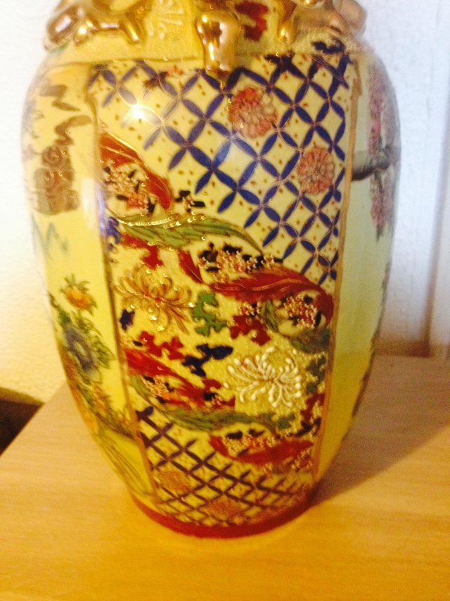 Image 2 of Chinese Oriental vase with gilt dogs of fo 18" high