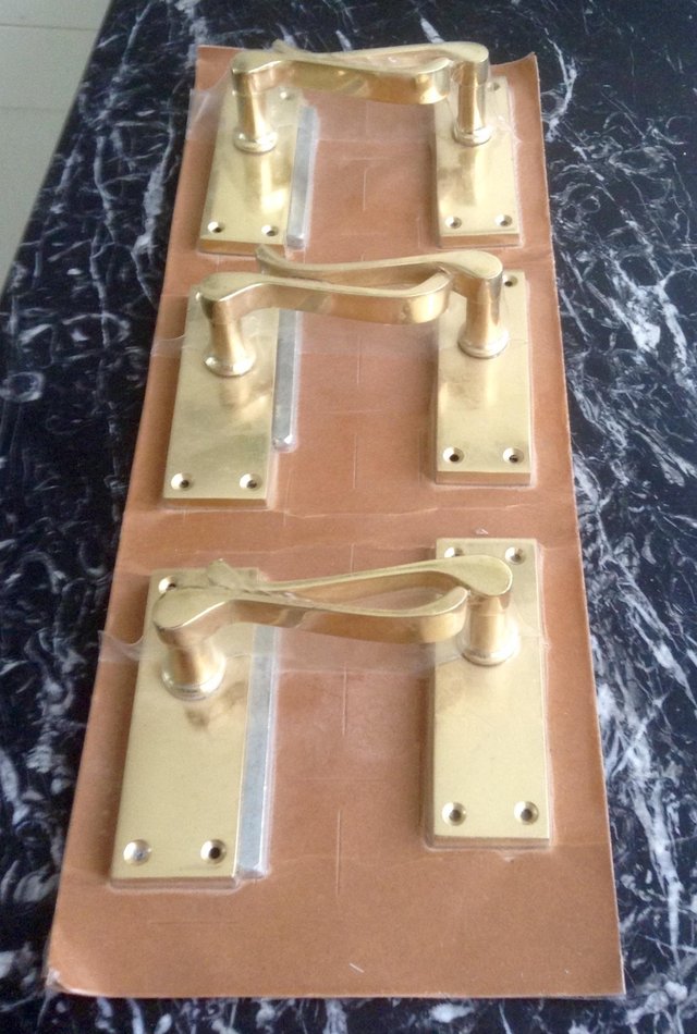 Image 2 of DOOR HANDLES Vintage brass interior scroll lever 3 pairs New