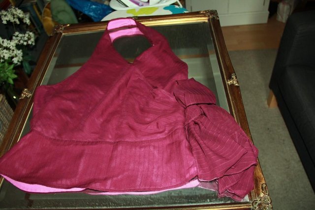 Preview of the first image of Pearce Fionda Burgundy Silk Halter Neck Top Size 12.