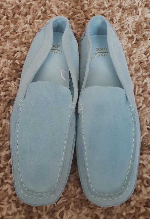 Preview of the first image of Brand New Suede Turquoise Moccasin Shoes - Sz 7.