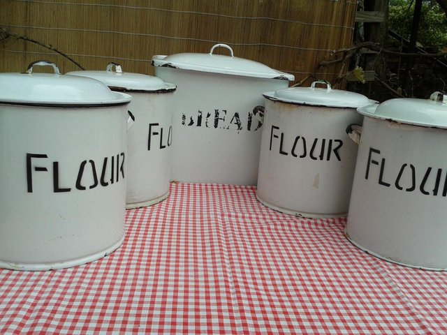 Preview of the first image of Set of four enamel Flour Containers & Traditional Vintage En.