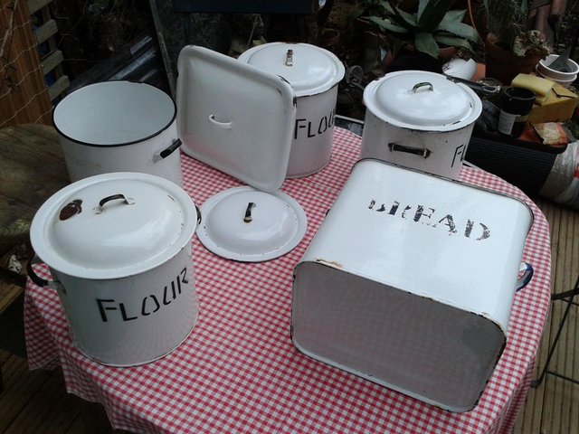 Image 10 of Set of four enamel Flour Containers & Traditional Vintage En