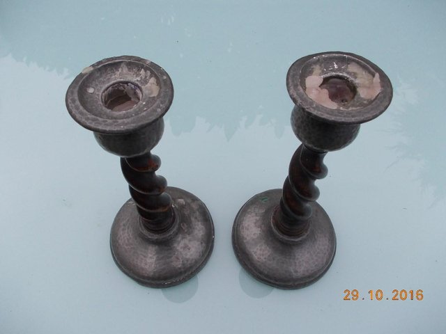 Preview of the first image of Old Candlesticks, Pewter & Oak Barley Twist, 'Unity'.