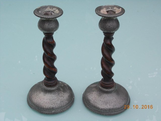 Image 3 of Old Candlesticks, Pewter & Oak Barley Twist, 'Unity'