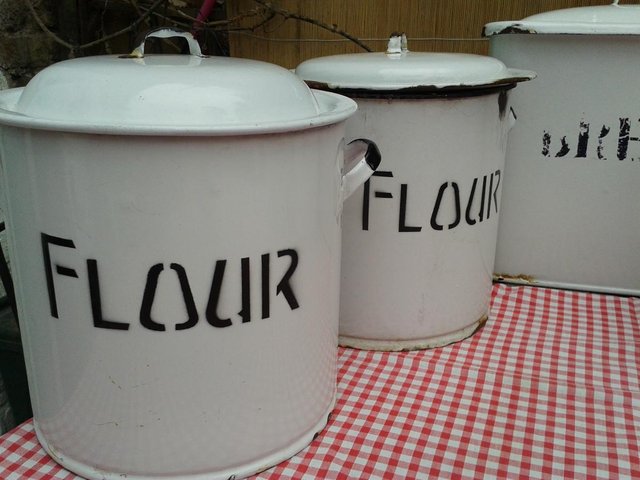Preview of the first image of Enamel, Vintage 'Flour' Containers and Twin Handle Breadbin.