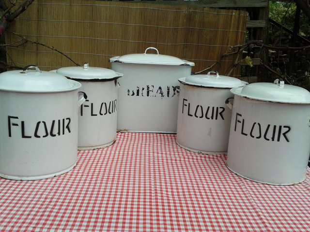 Image 11 of Enamel, Vintage 'Flour' Containers and Twin Handle Breadbin