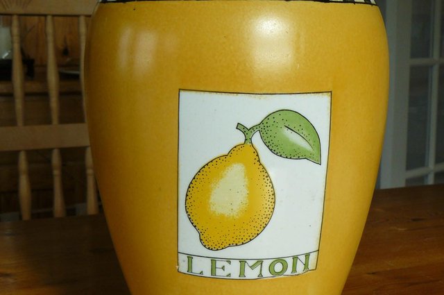 Image 2 of Lemon motif 12" tall vase with white and black stripes.