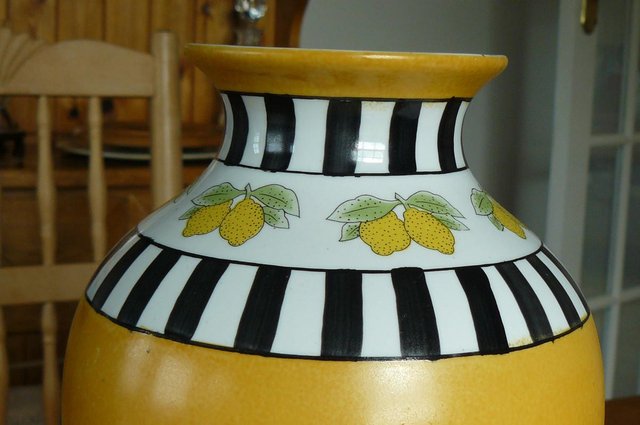 Image 3 of Lemon motif 12" tall vase with white and black stripes.