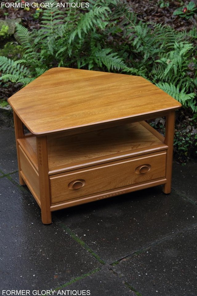 Image 3 of ERCOL LIGHT ELM CORNER TV DVD CABINET STAND TABLE BOOKCASE