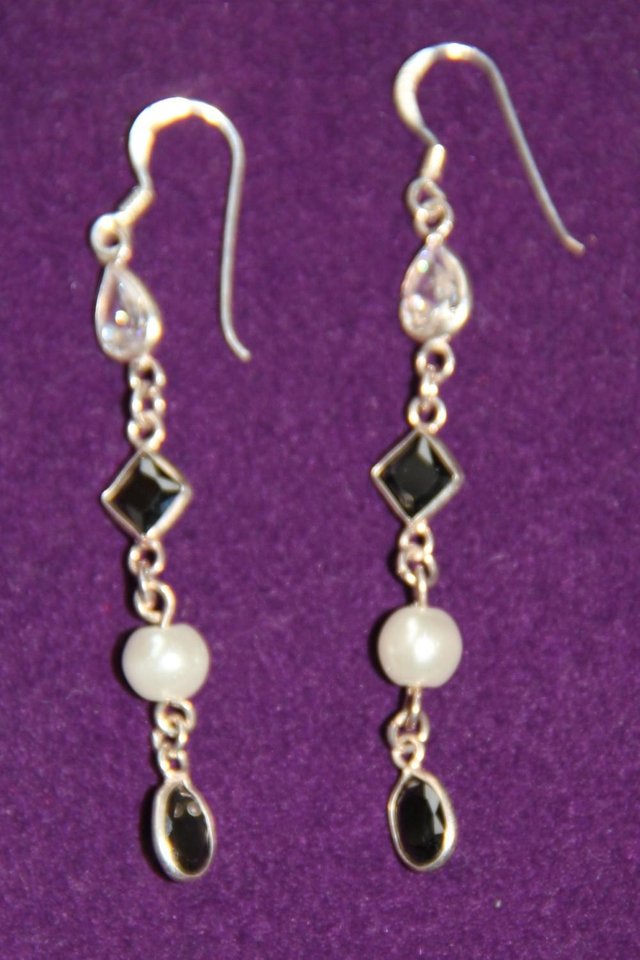 Preview of the first image of Sterling Silver 925 Elegant Drop Earrings With Stones & Bead.