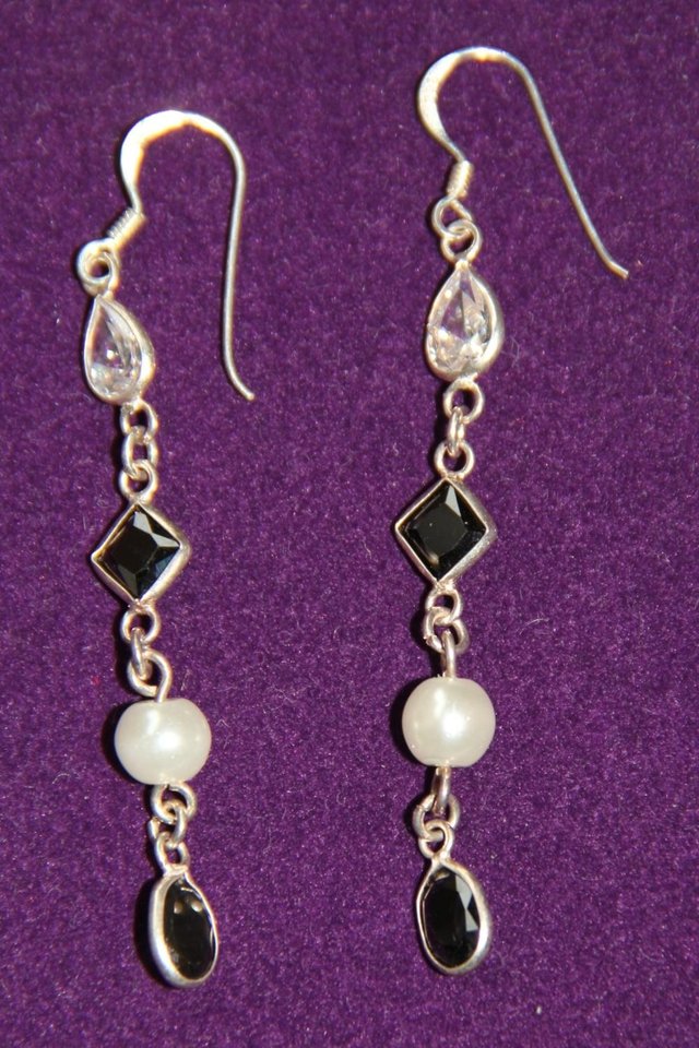Image 2 of Sterling Silver 925 Elegant Drop Earrings With Stones & Bead