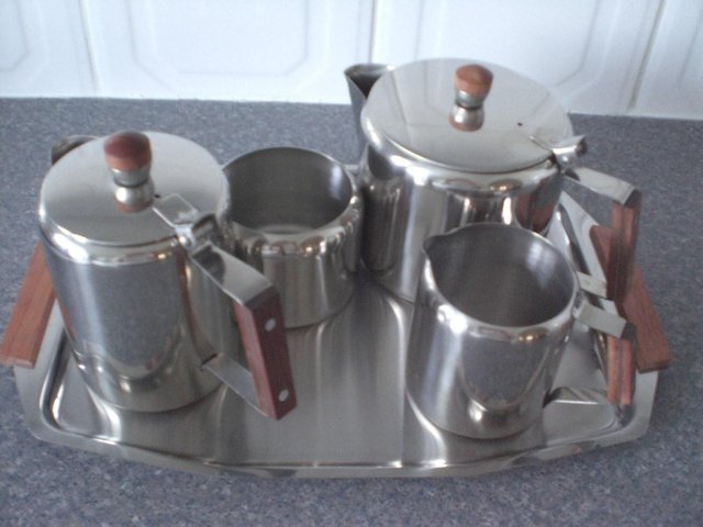 Preview of the first image of 5 Piece Tea/coffee set with Stainless Steel- Wooden Handles.