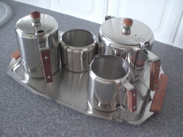 Image 2 of 5 Piece Tea/coffee set with Stainless Steel- Wooden Handles