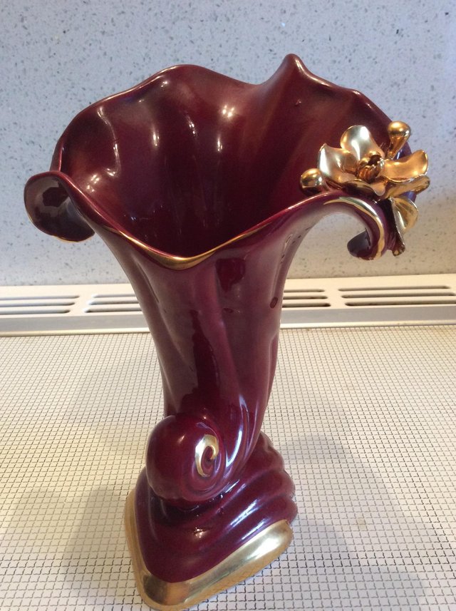 Image 2 of Ceramic maroon and gold horn vase
