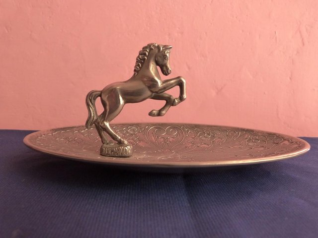 Preview of the first image of Vintage Metalware Dish with Horse Figurine.