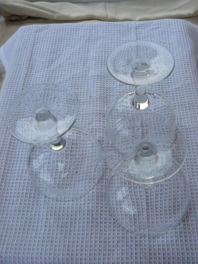 Image 2 of 3 antique wheel cut champagne/cocktail glasses. Bulb stem