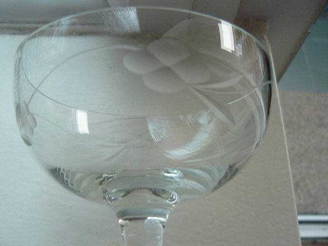 Image 3 of 3 antique wheel cut champagne/cocktail glasses. Bulb stem