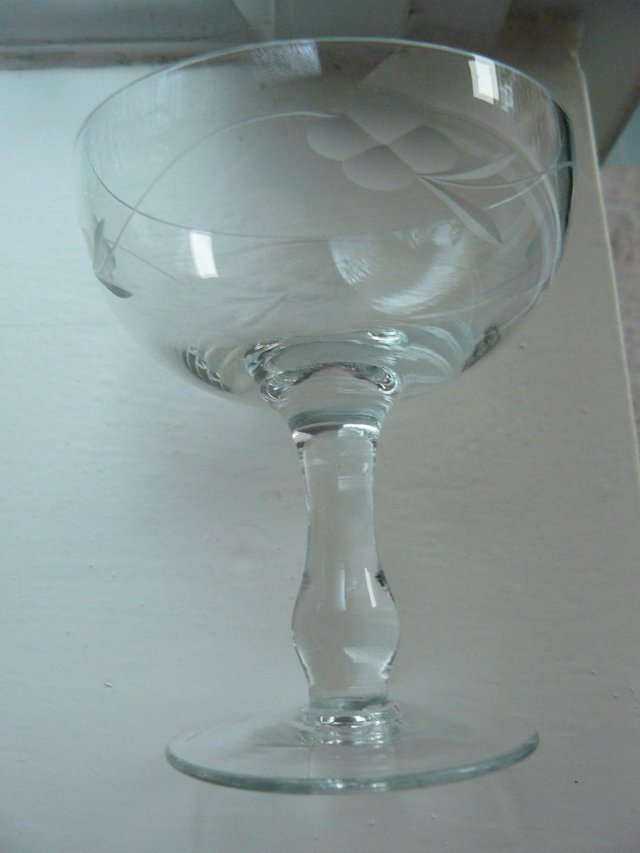 Image 4 of 3 antique wheel cut champagne/cocktail glasses. Bulb stem
