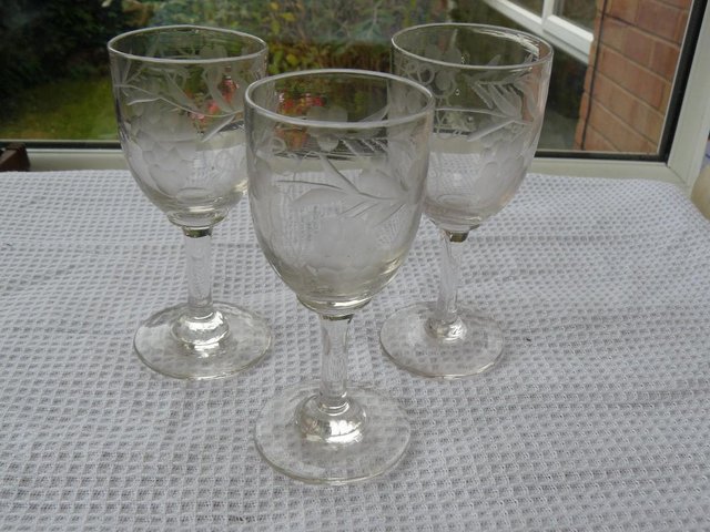 Preview of the first image of 3 antique wheel cut port/sherry glasses.