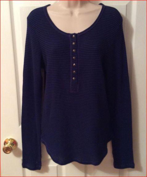 Preview of the first image of Lucky Brand Women's Striped Ribbed Henley Top Sweater.