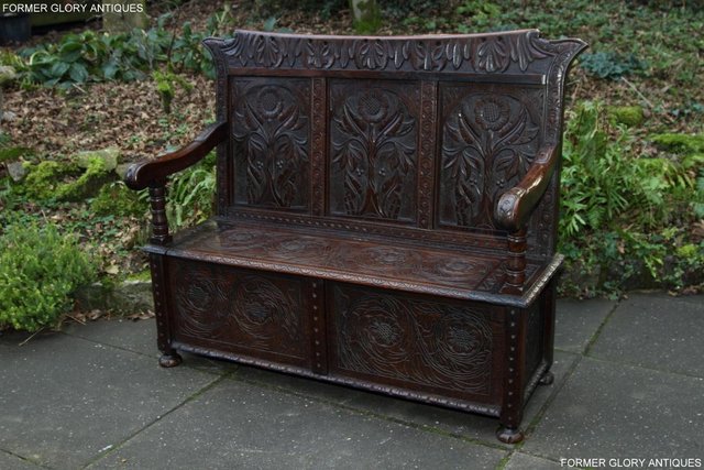 Image 2 of CARVED OAK SETTLE ARMCHAIR MONKS BENCH HALL SEAT PEW CHEST