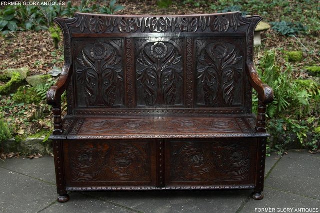 Preview of the first image of CARVED OAK SETTLE ARMCHAIR MONKS BENCH HALL SEAT PEW CHEST.