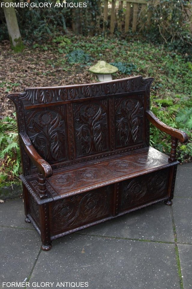 Image 3 of CARVED OAK SETTLE ARMCHAIR MONKS BENCH HALL SEAT PEW CHEST