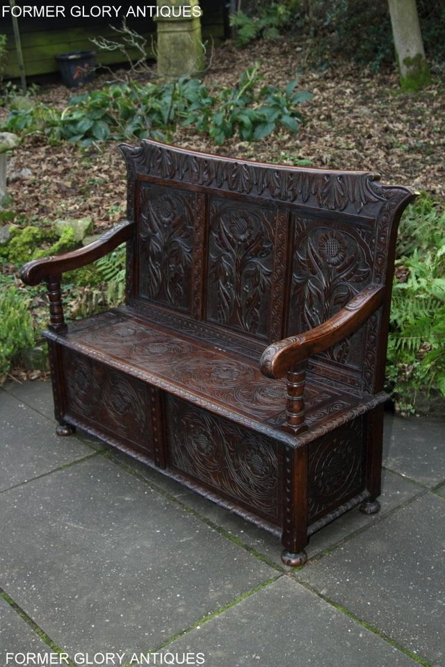 Image 5 of CARVED OAK SETTLE ARMCHAIR MONKS BENCH HALL SEAT PEW CHEST