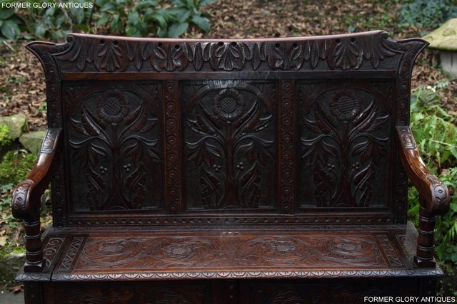 Image 7 of CARVED OAK SETTLE ARMCHAIR MONKS BENCH HALL SEAT PEW CHEST