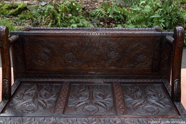 Image 8 of CARVED OAK SETTLE ARMCHAIR MONKS BENCH HALL SEAT PEW CHEST