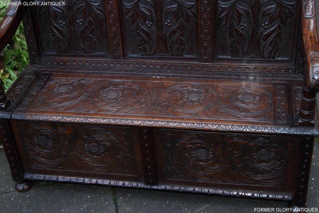 Image 9 of CARVED OAK SETTLE ARMCHAIR MONKS BENCH HALL SEAT PEW CHEST