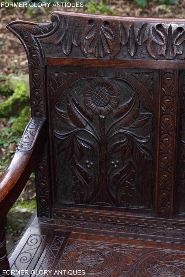 Image 10 of CARVED OAK SETTLE ARMCHAIR MONKS BENCH HALL SEAT PEW CHEST